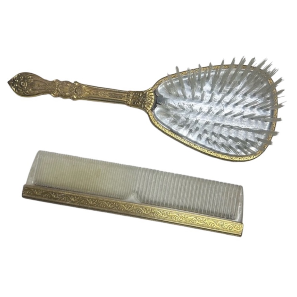 Vintage‎ Nylon Gold Tone Embroider Design With Comb and Hair Brush Set